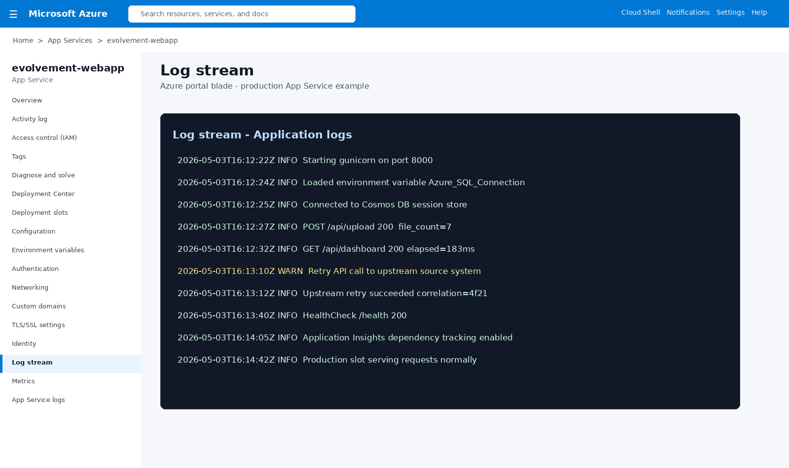 Azure App Service log stream