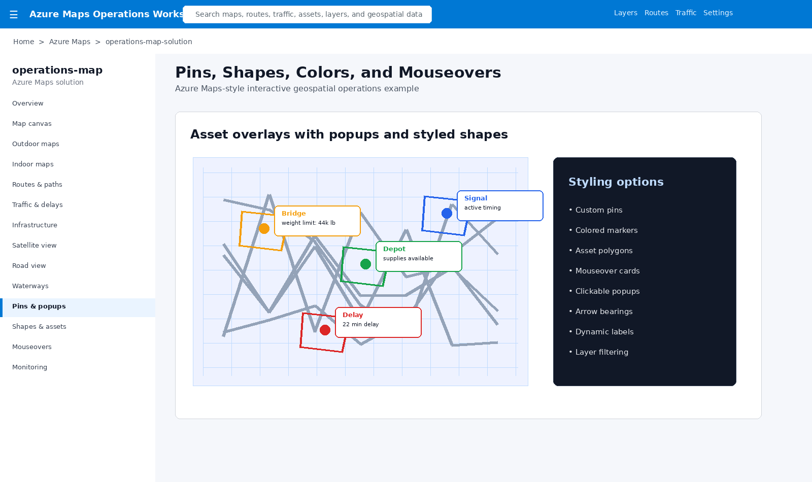 Azure Maps pins shapes popups