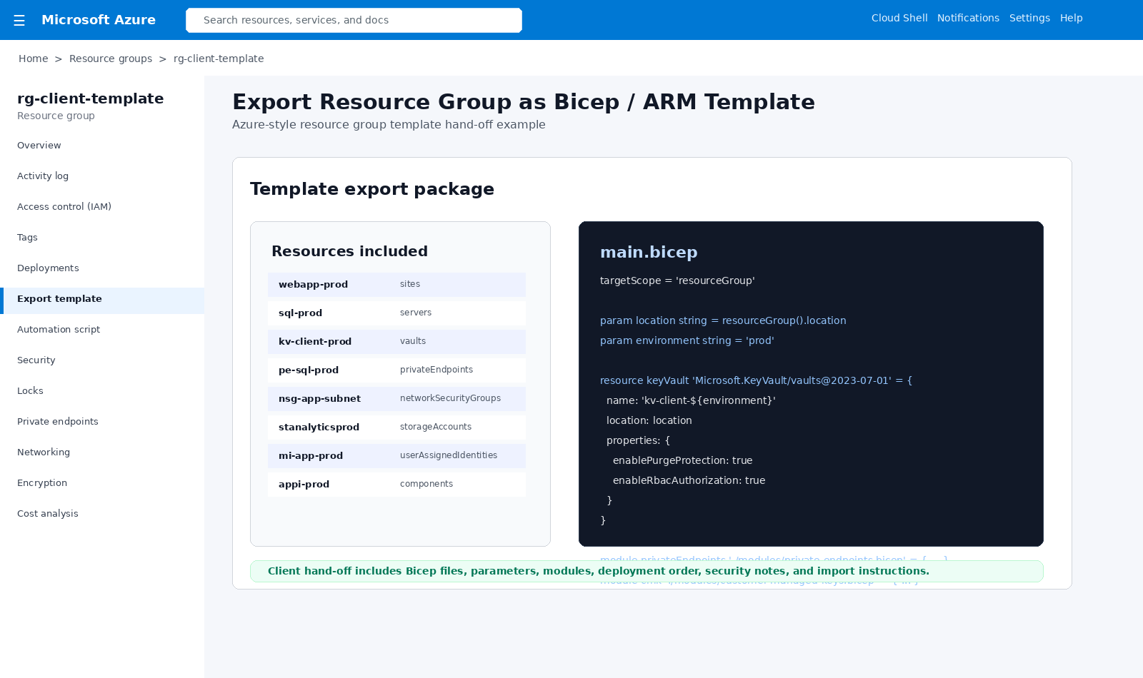 Azure resource group Bicep export screenshot