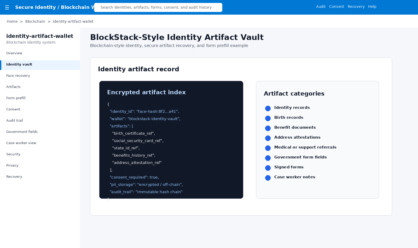 Blockchain identity artifact vault