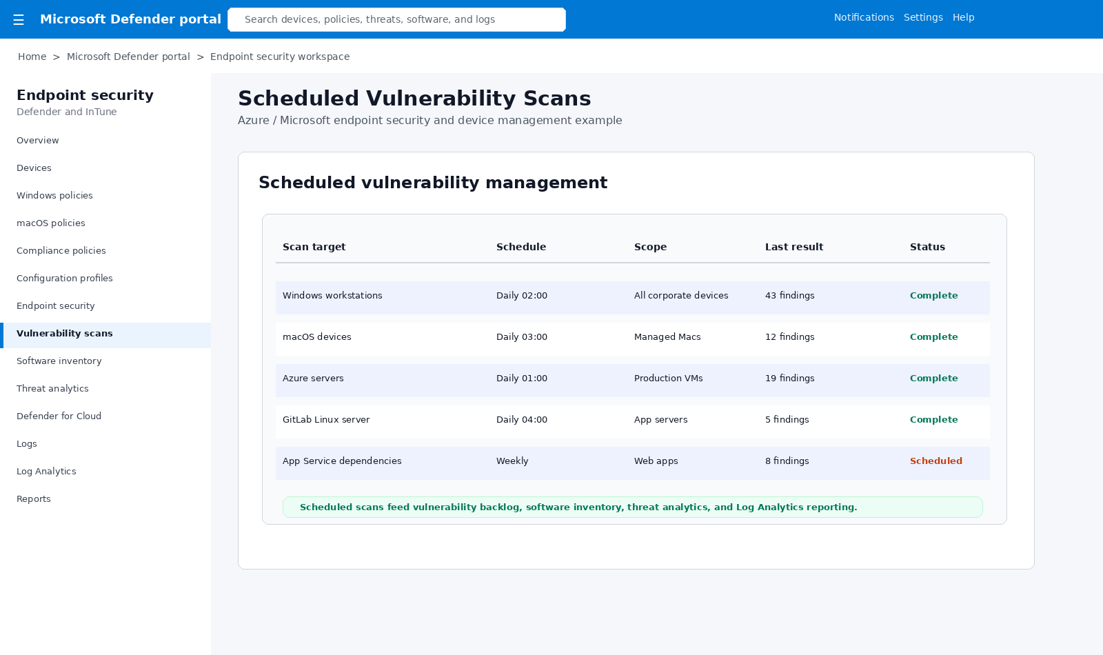 Defender scheduled vulnerability scans