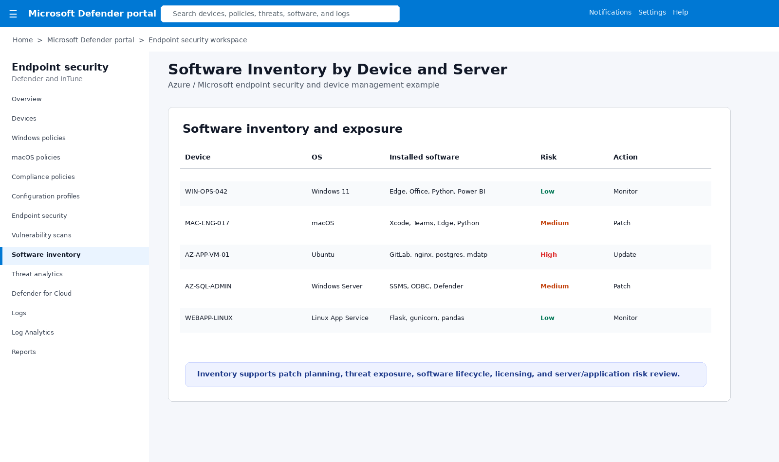 Defender software inventory