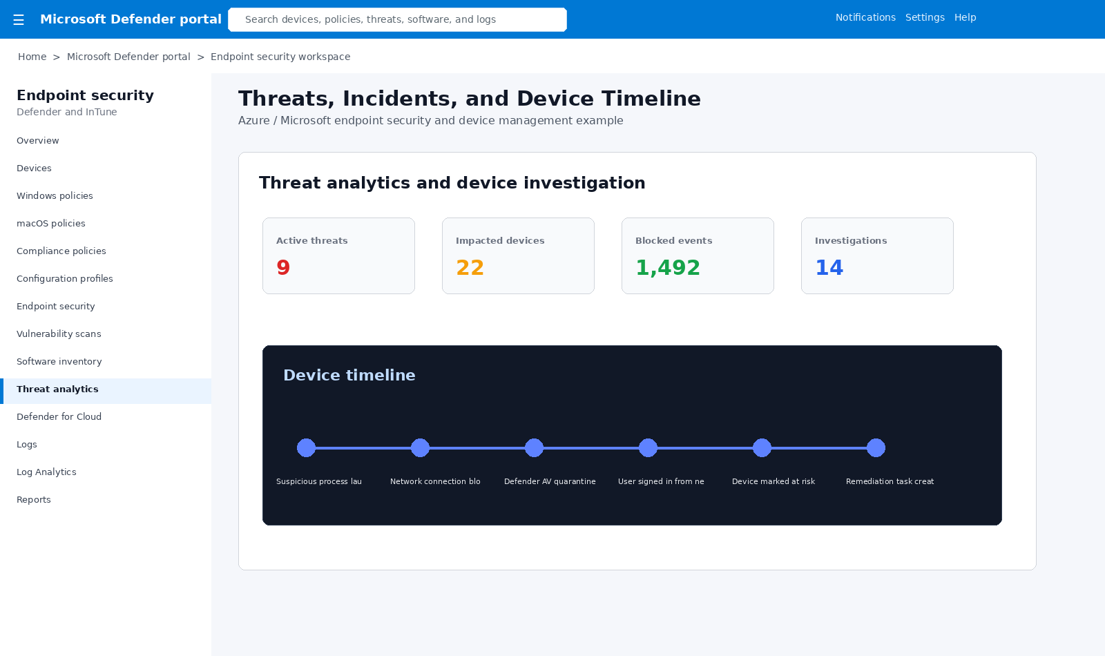 Defender threats and device timeline
