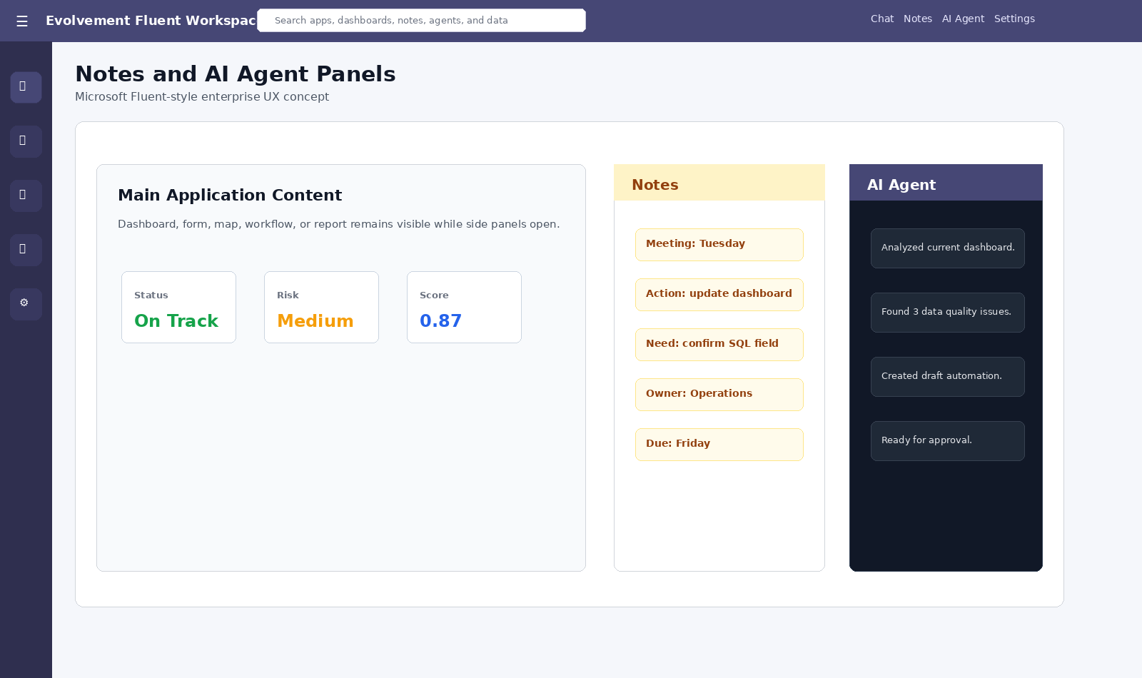 Fluent UI notes and AI Agent panels